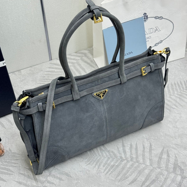 PRADA 25S BONNIE LARGE HANDBAG 38 IN DARK GRAY SUEDE GOLD HARDWRE