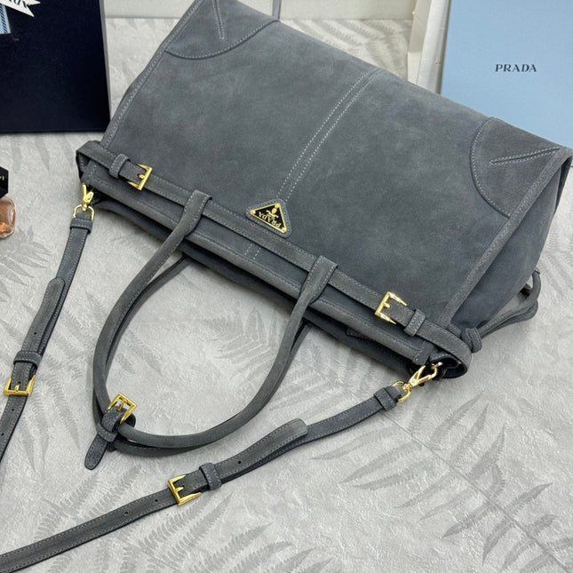 PRADA 25S BONNIE LARGE HANDBAG 38 IN DARK GRAY SUEDE GOLD HARDWRE
