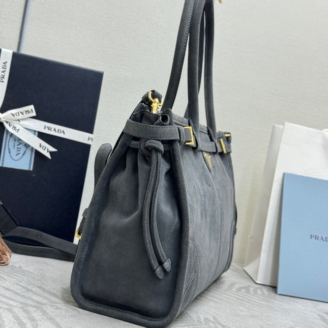 PRADA 25S BONNIE LARGE HANDBAG 38 IN DARK GRAY SUEDE GOLD HARDWRE