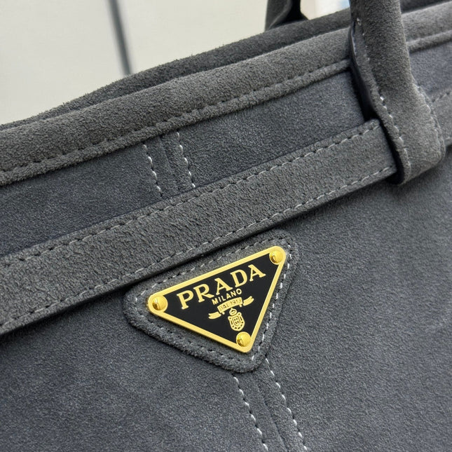 PRADA 25S BONNIE LARGE HANDBAG 38 IN DARK GRAY SUEDE GOLD HARDWRE