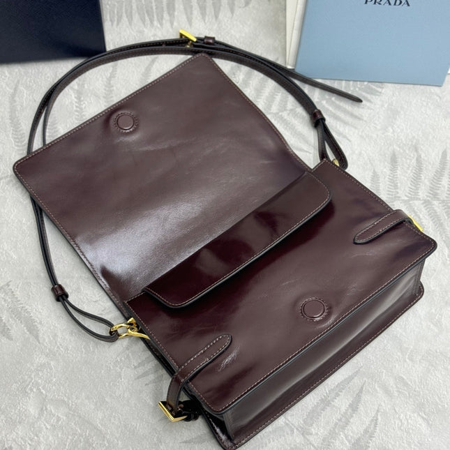 PRADA 25S SHOULDER BAG 23 IN DARK BROWN CALFSKIN GOLD HARDWRE