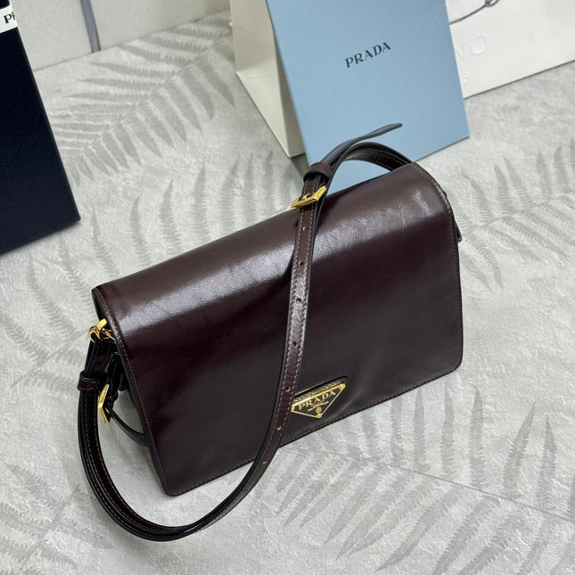 PRADA 25S SHOULDER BAG 23 IN DARK BROWN CALFSKIN GOLD HARDWRE