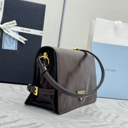 PRADA 25S SHOULDER BAG 23 IN DARK BROWN CALFSKIN GOLD HARDWRE