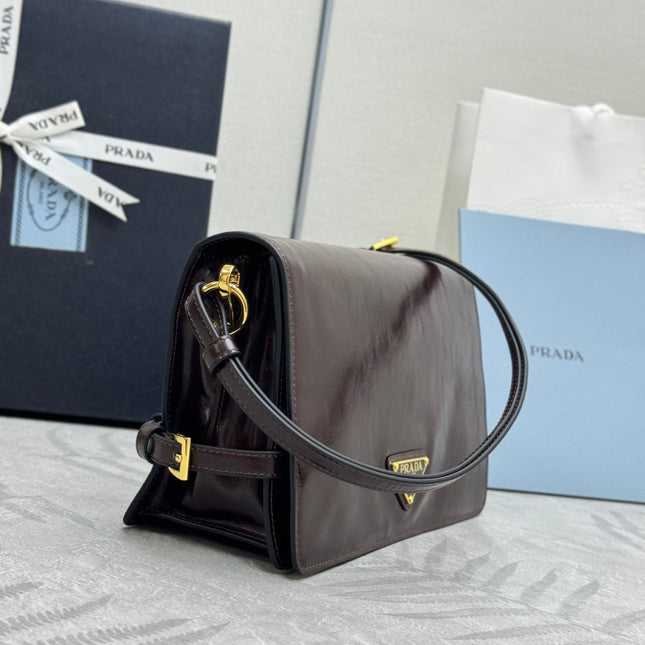 PRADA 25S SHOULDER BAG 23 IN DARK BROWN CALFSKIN GOLD HARDWRE