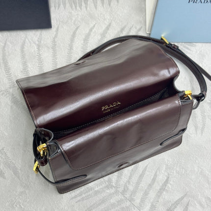 PRADA 25S SHOULDER BAG 23 IN DARK BROWN CALFSKIN GOLD HARDWRE