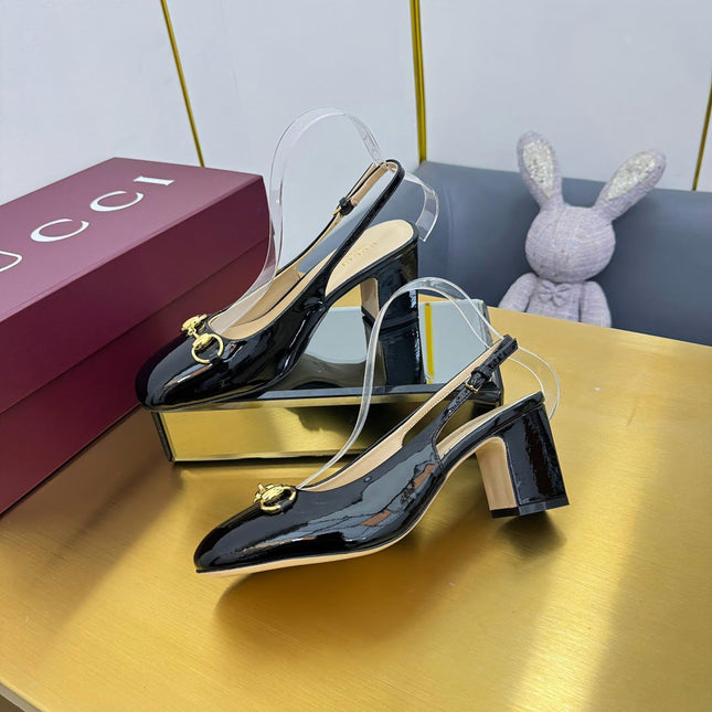 GG HIGH HEELS 65 IN BLACK GLOSSY LEATHER WITH GOLD HARDWARE