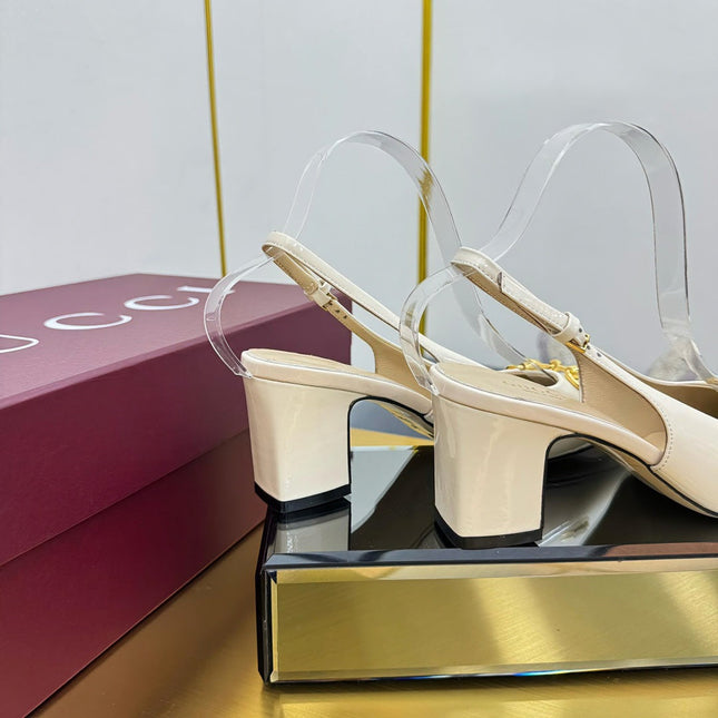 GG HIGH HEELS 65 IN CREAM WHITE GLOSSY LEATHER WITH GOLD HARDWARE