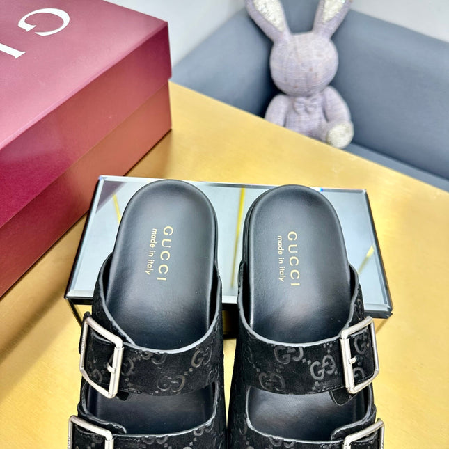 GG SANDALS IN BLACK LAMBSKIN MIX SUEDE EMBOSSED LOGO