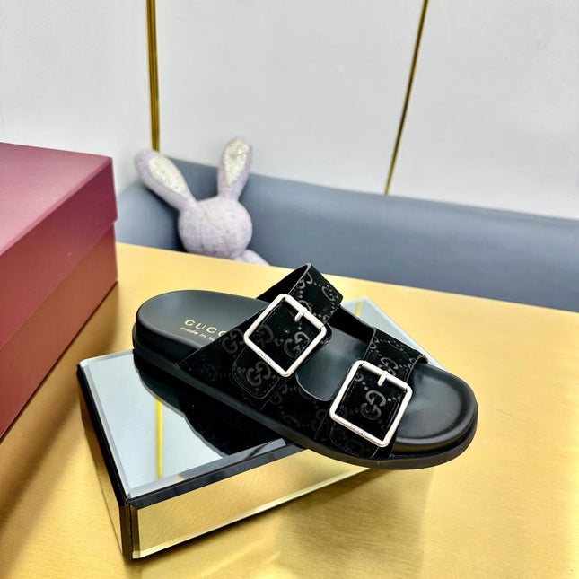 GG SANDALS IN BLACK LAMBSKIN MIX SUEDE EMBOSSED LOGO