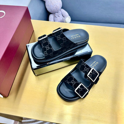 GG SANDALS IN BLACK LAMBSKIN MIX SUEDE EMBOSSED LOGO