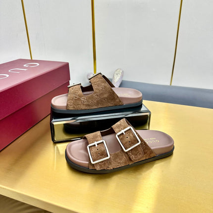 GG SANDALS IN BROWN LAMBSKIN MIX SUEDE EMBOSSED LOGO