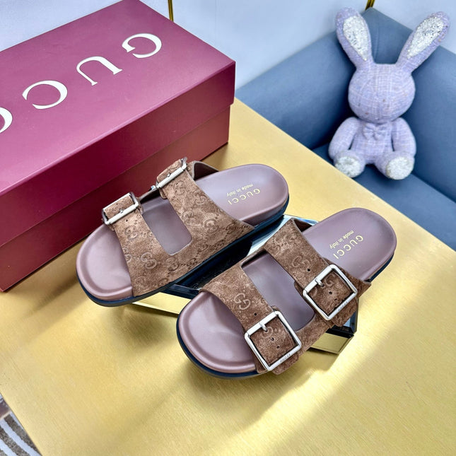 GG SANDALS IN BROWN LAMBSKIN MIX SUEDE EMBOSSED LOGO