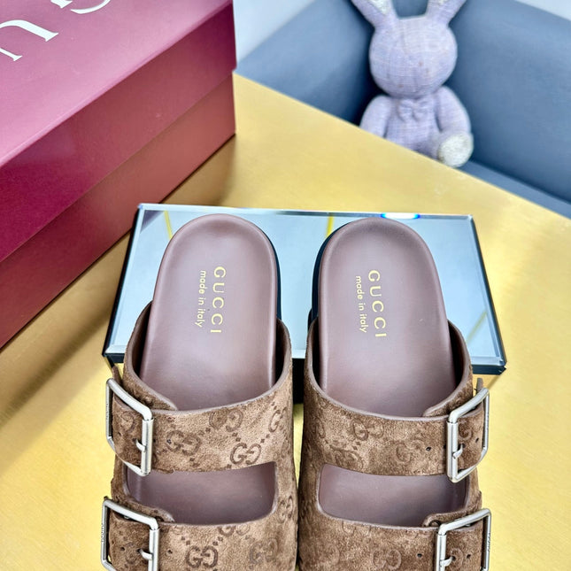 GG SANDALS IN BROWN LAMBSKIN MIX SUEDE EMBOSSED LOGO