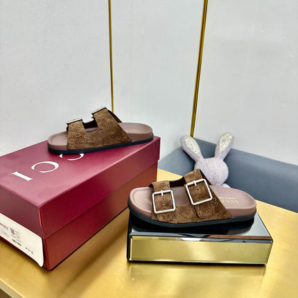 GG SANDALS IN BROWN LAMBSKIN MIX SUEDE EMBOSSED LOGO