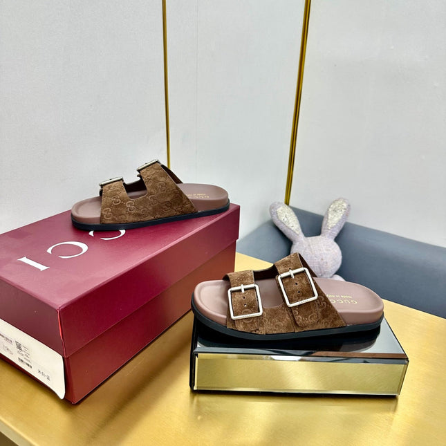 GG SANDALS IN BROWN LAMBSKIN MIX SUEDE EMBOSSED LOGO