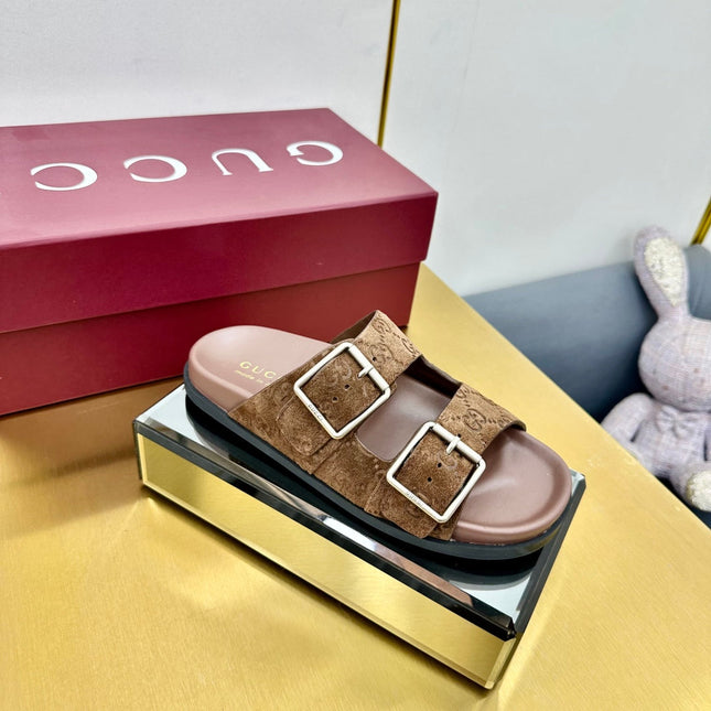 GG SANDALS IN BROWN LAMBSKIN MIX SUEDE EMBOSSED LOGO