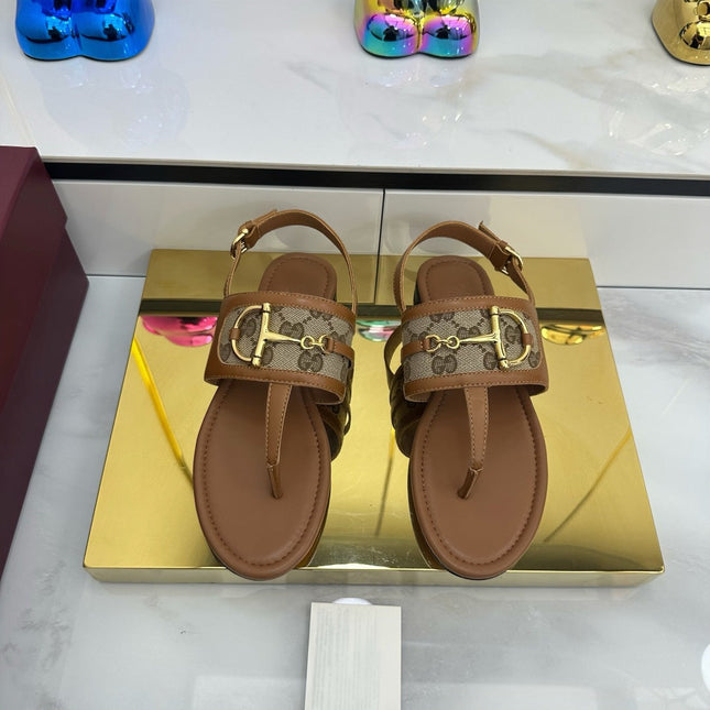 GG FLAT THONG SANDALS WITH ANKLE STRAP IN BROWN LAMBSKIN AND BEIGE FABRIC