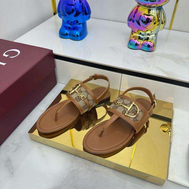 GG FLAT THONG SANDALS WITH ANKLE STRAP IN BROWN LAMBSKIN AND BEIGE FABRIC