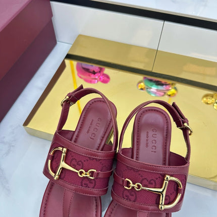 GG FLAT THONG SANDALS WITH ANKLE STRAP IN RED LAMBSKIN AND FABRIC