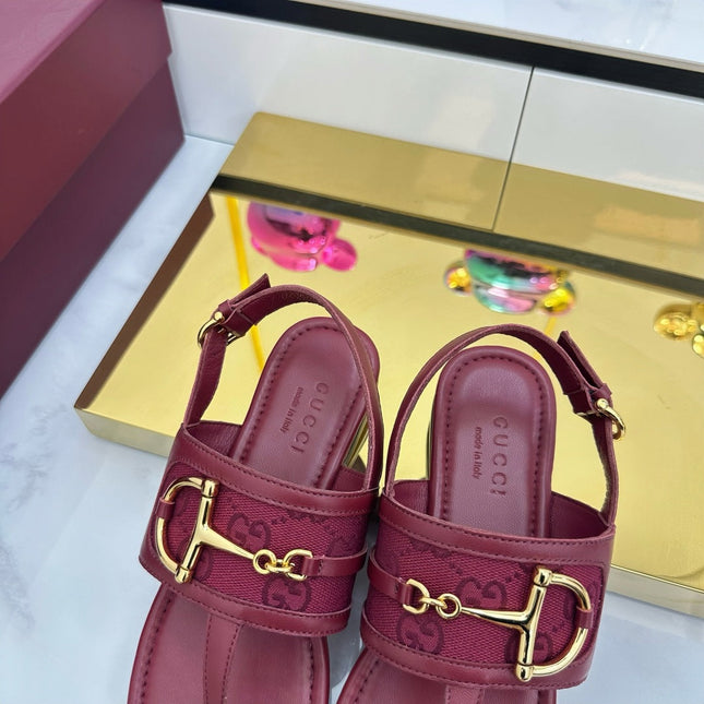 GG FLAT THONG SANDALS WITH ANKLE STRAP IN RED LAMBSKIN AND FABRIC