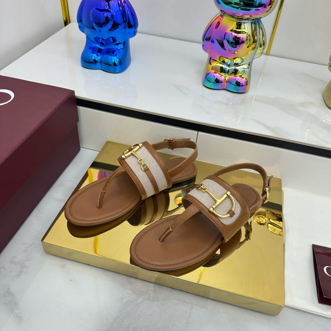 GG FLAT THONG SANDALS WITH ANKLE STRAP IN BROWN LAMBSKIN AND WHITE FABRIC