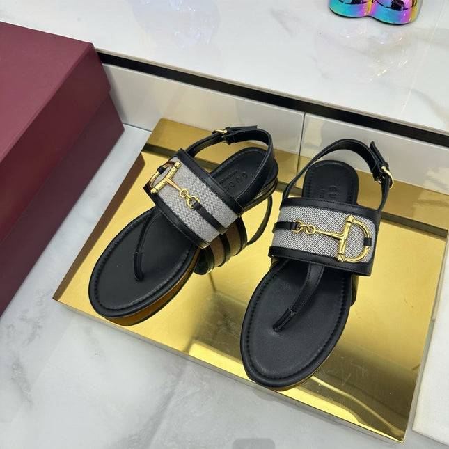 GG FLAT THONG SANDALS WITH ANKLE STRAP IN BLACK LAMBSKIN AND FABRIC