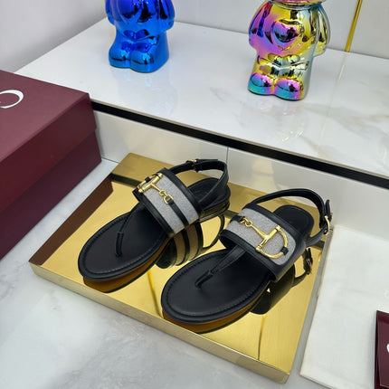 GG FLAT THONG SANDALS WITH ANKLE STRAP IN BLACK LAMBSKIN AND FABRIC