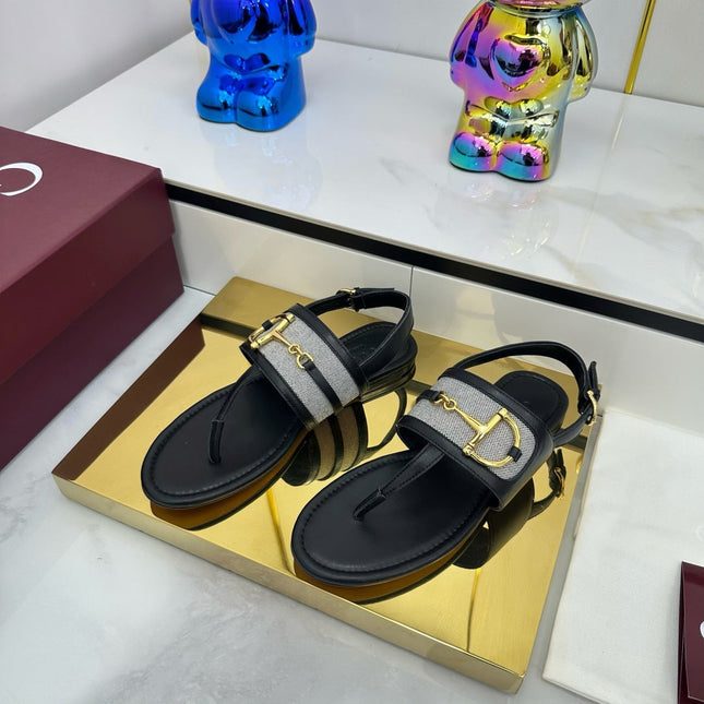 GG FLAT THONG SANDALS WITH ANKLE STRAP IN BLACK LAMBSKIN AND FABRIC