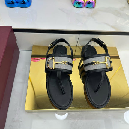 GG FLAT THONG SANDALS WITH ANKLE STRAP IN BLACK LAMBSKIN AND FABRIC