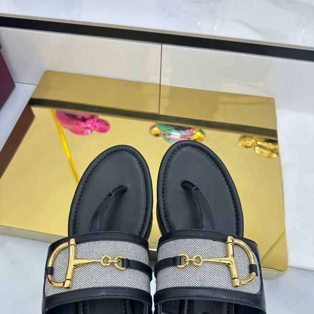 GG FLAT THONG SANDALS WITH ANKLE STRAP IN BLACK LAMBSKIN AND FABRIC