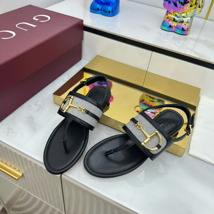 GG FLAT THONG SANDALS WITH ANKLE STRAP IN BLACK LAMBSKIN AND FABRIC