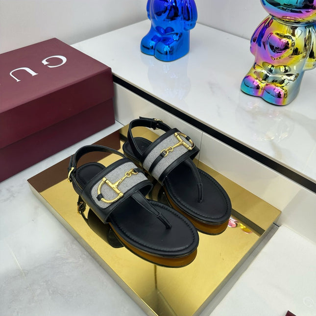 GG FLAT THONG SANDALS WITH ANKLE STRAP IN BLACK LAMBSKIN AND FABRIC