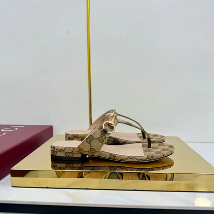 GG THONG SANDALS 25S IN DARK BEIGE LAMBSKIN MIX CANVAS WITH GOLD HARDWARE