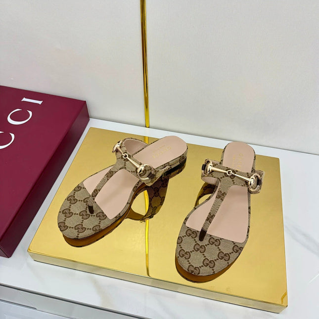 GG THONG SANDALS 25S IN DARK BEIGE LAMBSKIN MIX CANVAS WITH GOLD HARDWARE