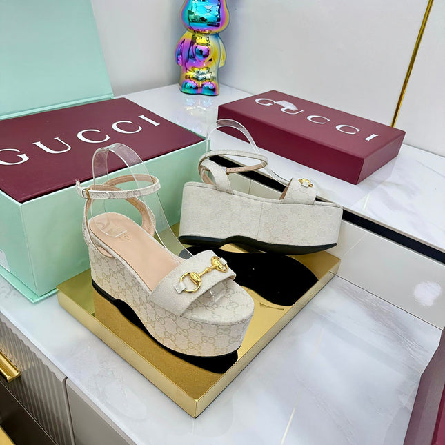 GG WEDGE HEELS IN STONE BEIGE FABRIC AND CALFSKIN WITH GOLD HARDWARE STYLE 5