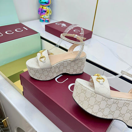 GG WEDGE HEELS IN STONE BEIGE FABRIC AND CALFSKIN WITH GOLD HARDWARE STYLE 5