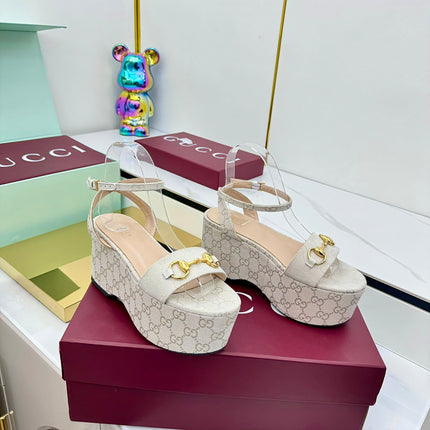 GG WEDGE HEELS IN STONE BEIGE FABRIC AND CALFSKIN WITH GOLD HARDWARE STYLE 5