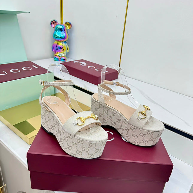 GG WEDGE HEELS IN STONE BEIGE FABRIC AND CALFSKIN WITH GOLD HARDWARE STYLE 5