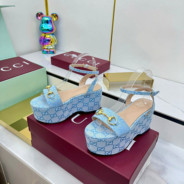 GG WEDGE HEELS IN BLUE FABRIC AND CALFSKIN WITH GOLD HARDWARE STYLE 4