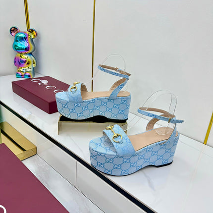 GG WEDGE HEELS IN BLUE FABRIC AND CALFSKIN WITH GOLD HARDWARE STYLE 4