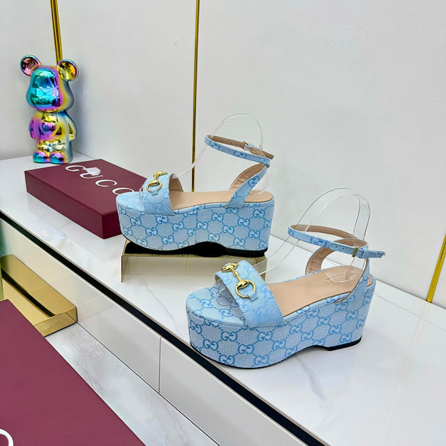 GG WEDGE HEELS IN BLUE FABRIC AND CALFSKIN WITH GOLD HARDWARE STYLE 4