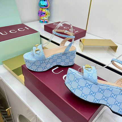 GG WEDGE HEELS IN BLUE FABRIC AND CALFSKIN WITH GOLD HARDWARE STYLE 4