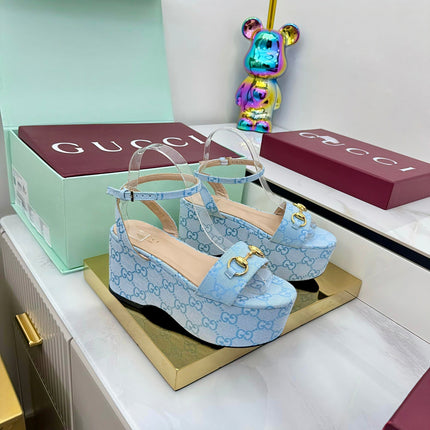 GG WEDGE HEELS IN BLUE FABRIC AND CALFSKIN WITH GOLD HARDWARE STYLE 4