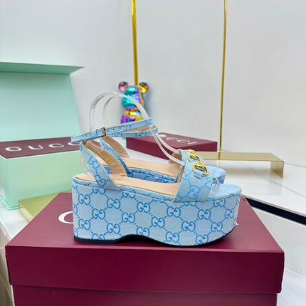 GG WEDGE HEELS IN BLUE FABRIC AND CALFSKIN WITH GOLD HARDWARE STYLE 4