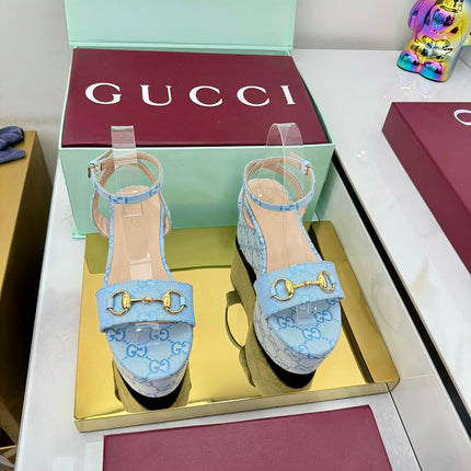 GG WEDGE HEELS IN BLUE FABRIC AND CALFSKIN WITH GOLD HARDWARE STYLE 4