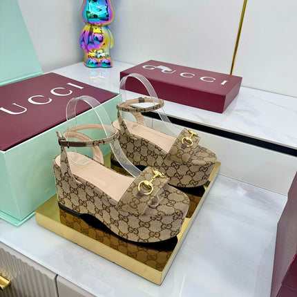 GG WEDGE HEELS IN DARK BEIGE FABRIC AND CALFSKIN WITH GOLD HARDWARE STYLE 3