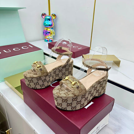 GG WEDGE HEELS IN DARK BEIGE FABRIC AND CALFSKIN WITH GOLD HARDWARE STYLE 3