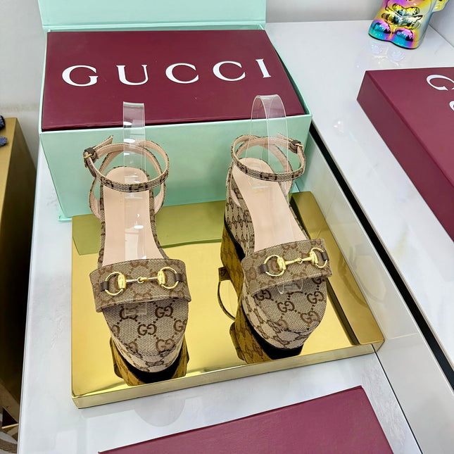 GG WEDGE HEELS IN DARK BEIGE FABRIC AND CALFSKIN WITH GOLD HARDWARE STYLE 3