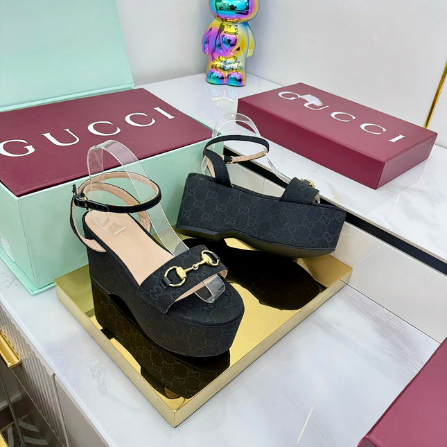 GG WEDGE HEELS IN BLACK FABRIC AND CALFSKIN WITH GOLD HARDWARE STYLE 1