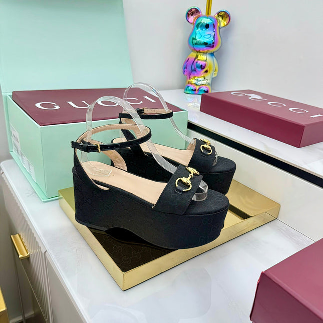 GG WEDGE HEELS IN BLACK FABRIC AND CALFSKIN WITH GOLD HARDWARE STYLE 1